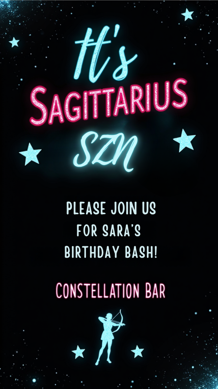 Neon Sagittarius birthday party invitation with zodiac and star-themed design
