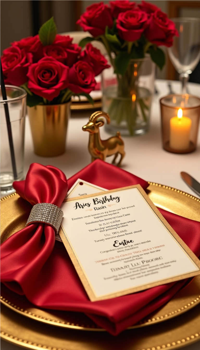 Elegant Aries birthday table setting with red roses, gold charger plate, and zodiac-themed menu.