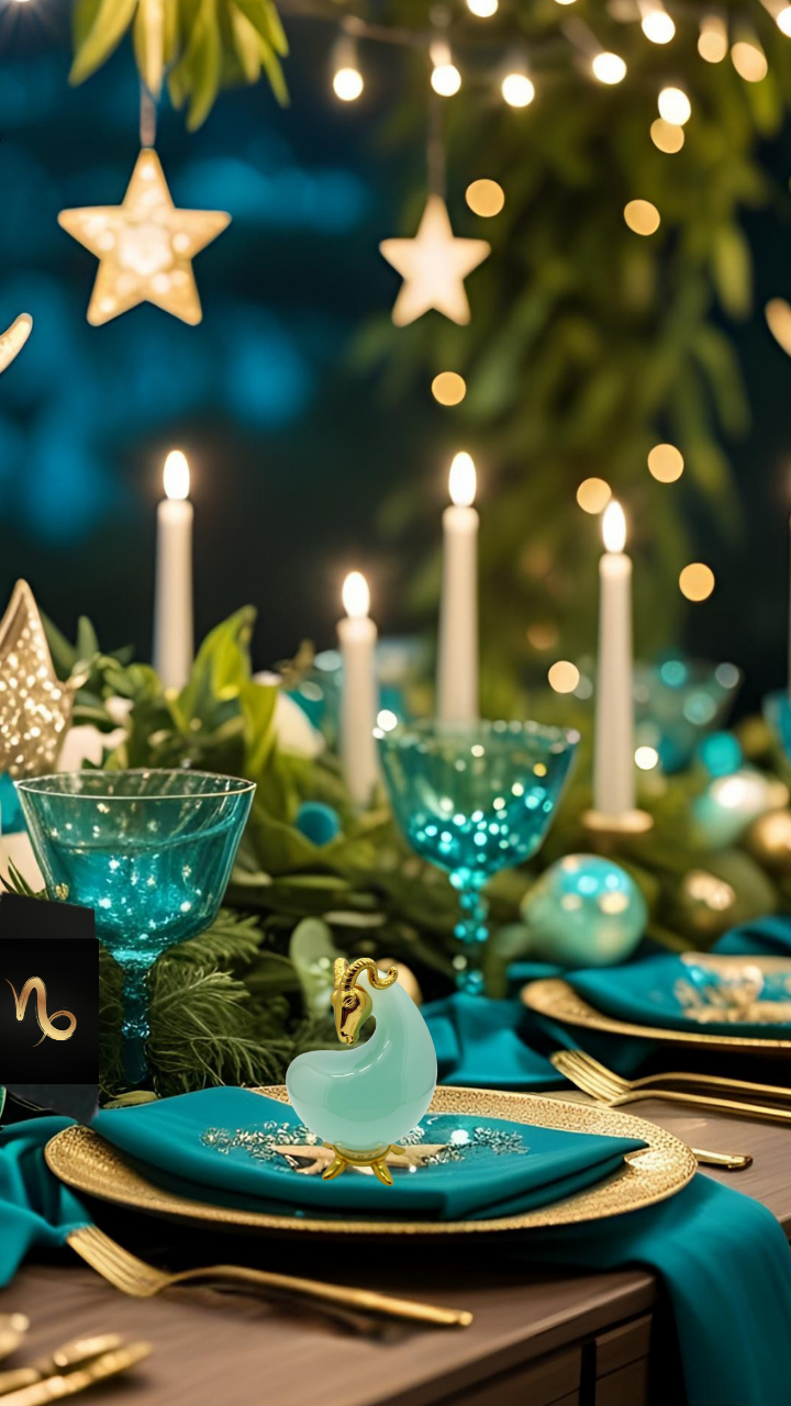 Capricorn table decor with teal napkins, gold flatware, candlelight, and sea-goat figurine