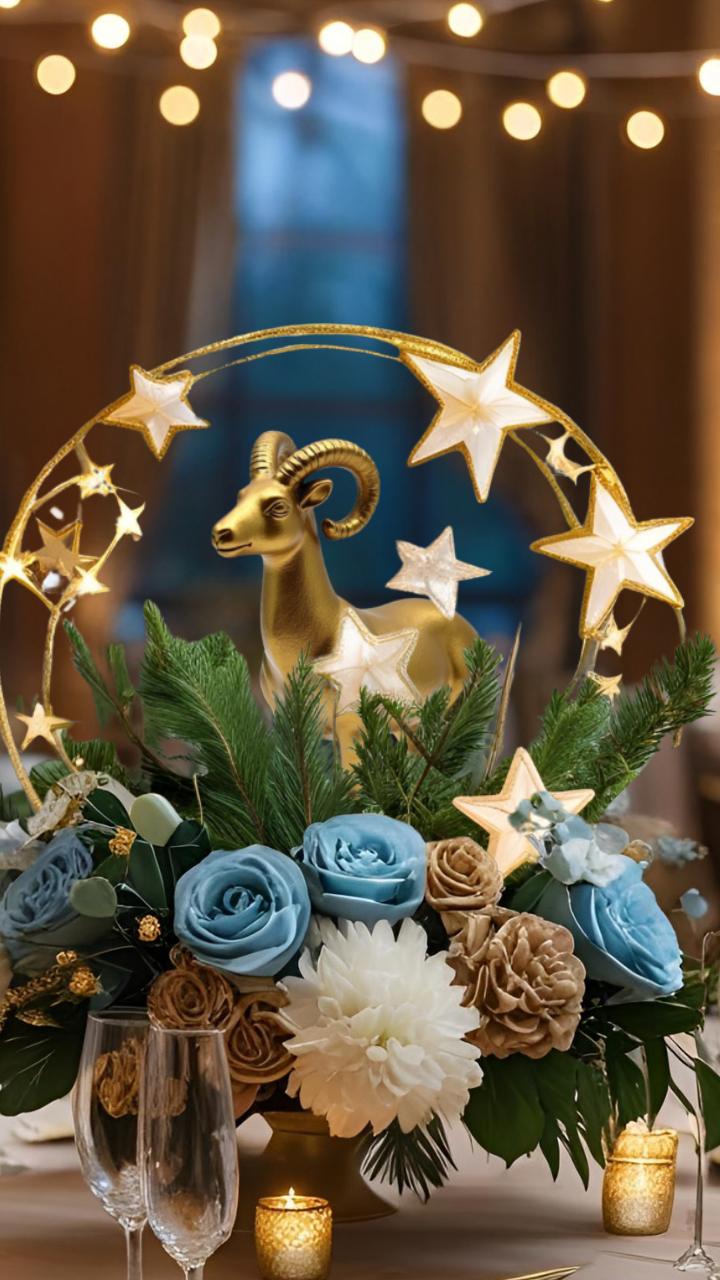 Capricorn zodiac centerpiece with golden goat, stars, and blue floral arrangement