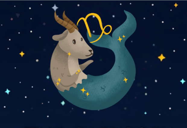 Illustration of a cartoon Capricorn sea-goat with a starry background, representing zodiac-themed party inspiration.