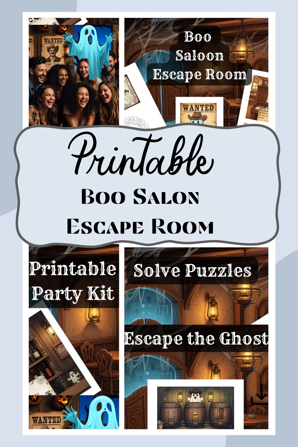 Printable Halloween ghost escape room with western saloon theme for family game night.