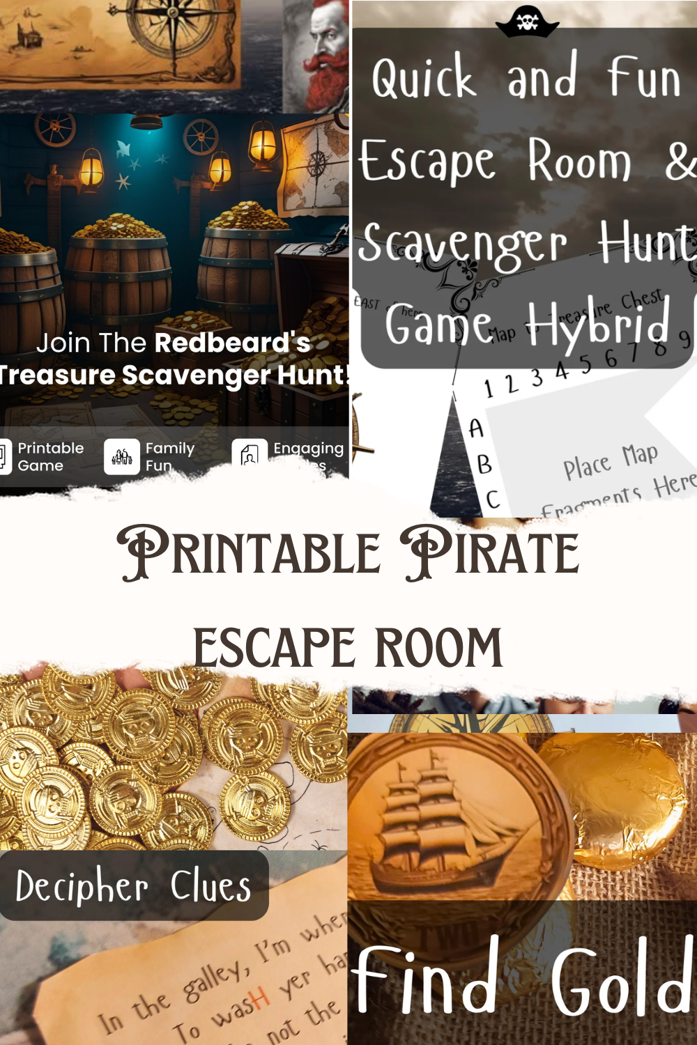 DIY printable pirate escape room scavenger hunt with treasure maps and hidden clues for Halloween adventure.