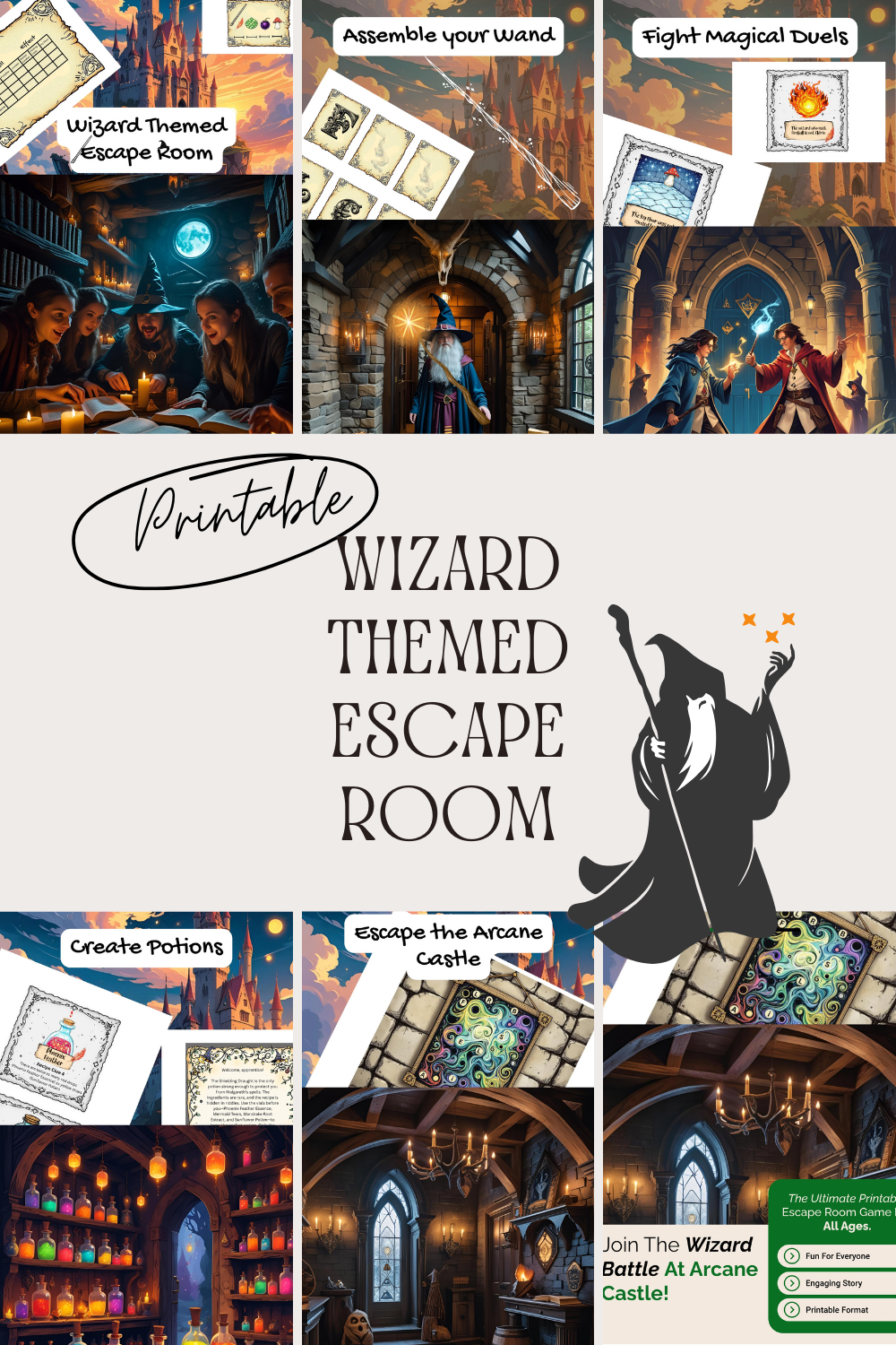 Printable wizard escape room with spell puzzles and magical potions—perfect for Halloween fun at home.