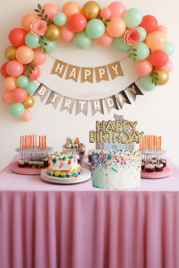 Colorful DIY birthday party setup with balloon arch, handmade Happy Birthday banner, and table of wrapped presents – budget-friendly party décor idea.