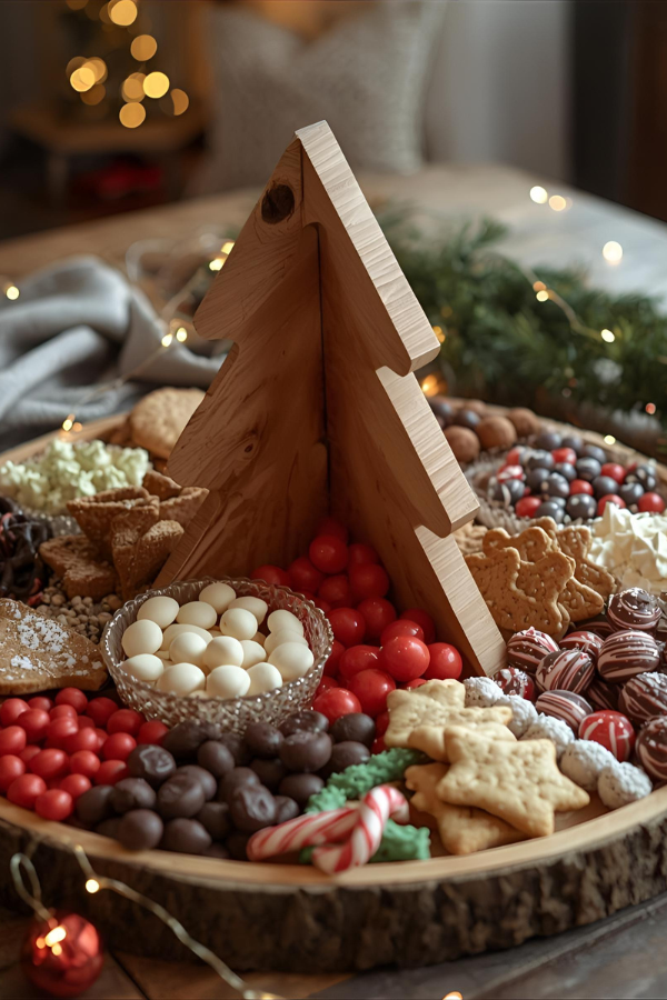 Christmas dessert charcuterie board with a wooden tree centerpiece surrounded by holiday cookies, chocolates, candy canes, truffles, and festive sweets on a rustic wooden tray with twinkle lights.