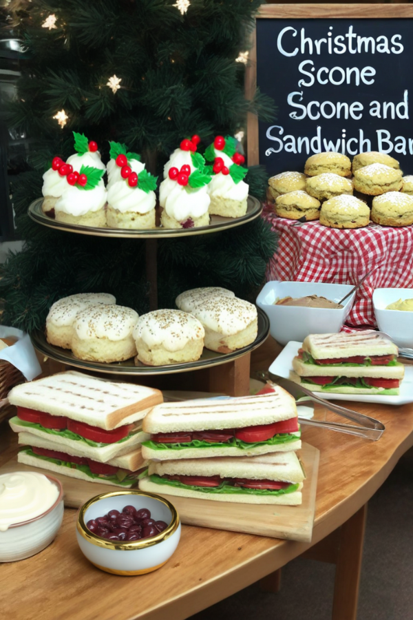 Christmas scone and sandwich bar with festive scones and tea sandwiches.
