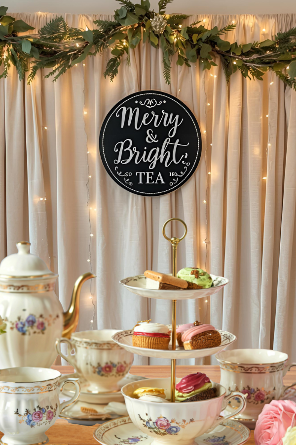 Elegant Christmas tea party setup with a ‘Merry & Bright Tea’ sign, fairy lights, greenery garland, vintage floral teacups, a tiered stand of festive pastries, and a white teapot on a decorated table.