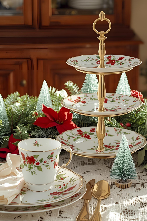 Elegant Christmas tea table with gold tiered stand, poinsettia china, and festive greenery.