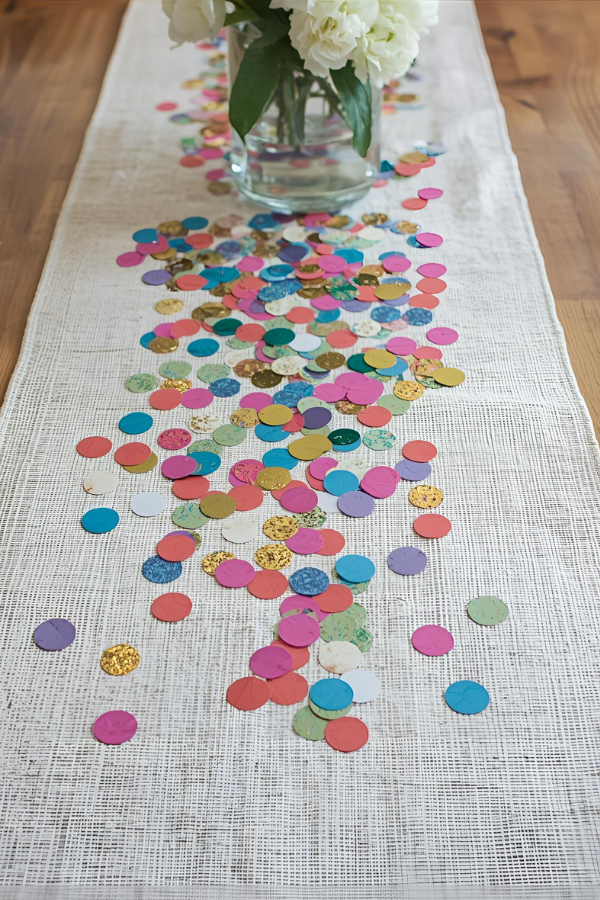 DIY confetti table runner with colorful paper circles scattered across a textured white runner and a vase of white flowers as centerpiece.
