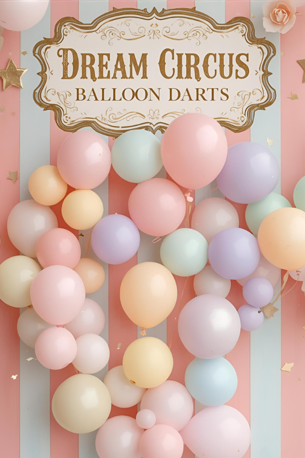 Dream Circus pastel balloon darts game board with blush pink, lavender, mint, and sky-blue balloons on a vintage striped backdrop.