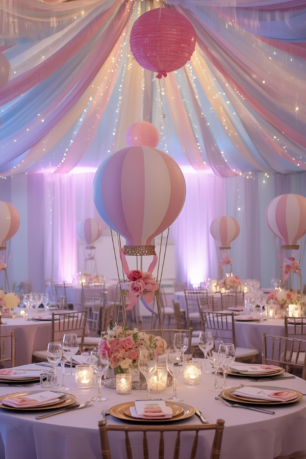 Dream Circus pastel party table setup with hot air balloon centerpieces, fairy lights, and pastel striped ceiling.