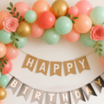 Colorful DIY birthday party setup with balloon arch and handmade Happy Birthday banner