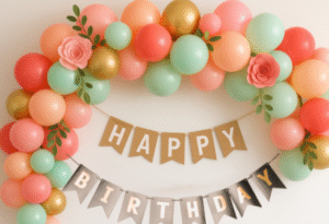 Colorful DIY birthday party setup with balloon arch and handmade Happy Birthday banner