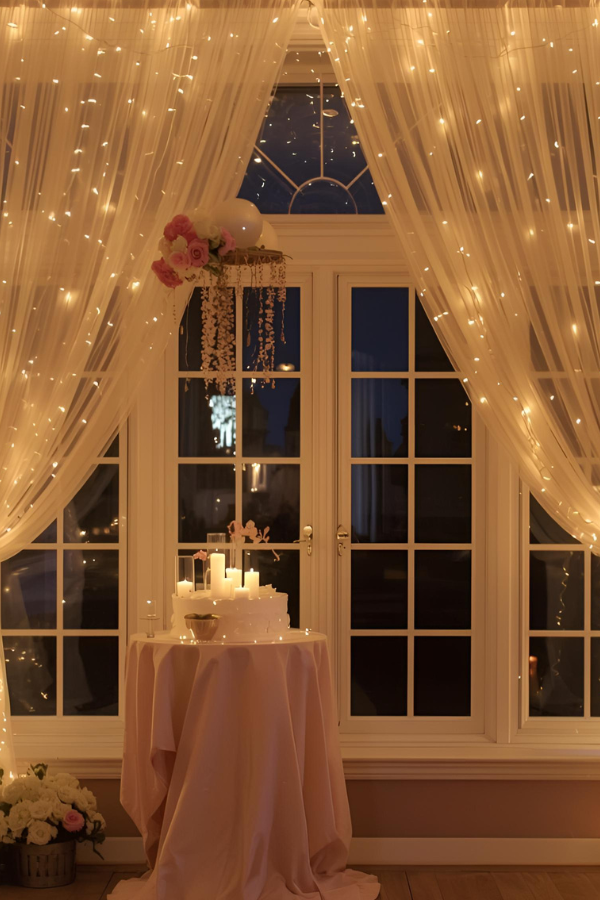 DIY fairy light birthday party decoration with sheer curtains, candles, and flowers creating a warm glowing backdrop by a window