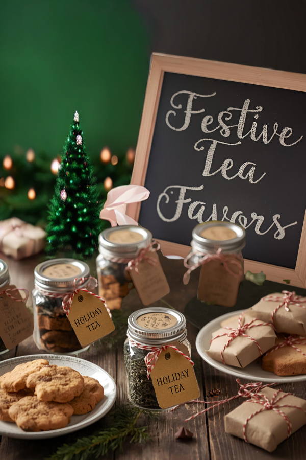 Festive tea favors table with assorted holiday treats, a teapot, Christmas decorations, and a chalkboard sign that reads “Festive Tea Favors.