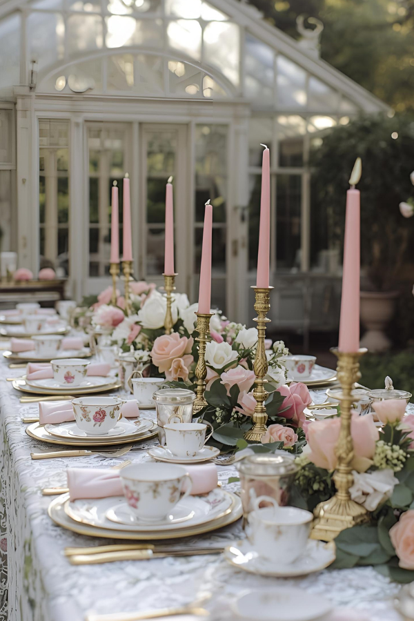 Rococo-inspired outdoor garden tea party table with pink candles, roses, gold cutlery, and vintage china in front of a glass conservatory.