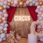 Dream circus theme party backdrop with red velvet curtains, gold tinsel fringe, pastel balloon arch, plush tiger decoration, and a vintage circus sign.