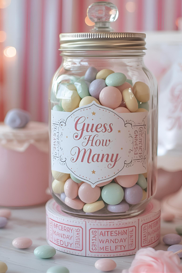 Dream Circus pastel guess how many candy jar party game with soft pastel raffle tickets and a whimsical carnival-style sign.