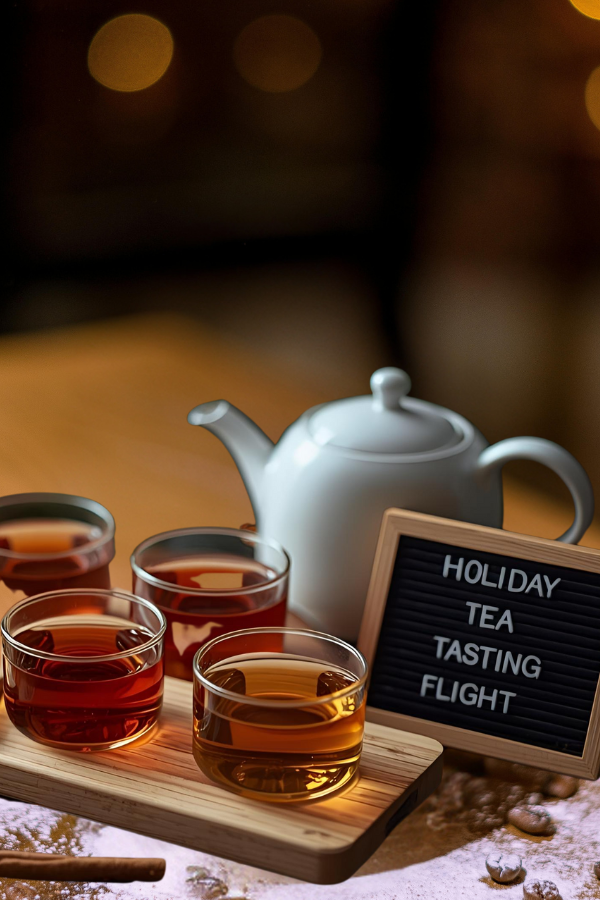 Christmas tea tasting station with glass teacups, teapot, and seasonal spices on a wooden table.