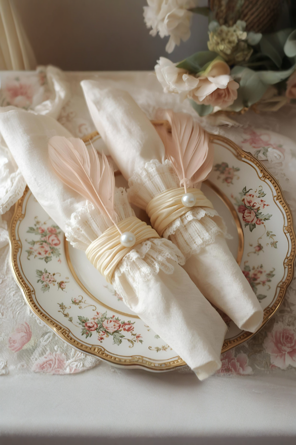 Rococo-style lace napkin rolls with pink feathers, pearls, and gold accents displayed on a vintage plate.