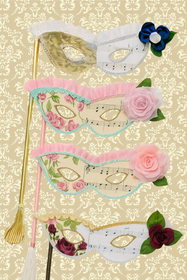 Set of pastel Rococo-inspired masquerade masks decorated with lace, sheet music, and silk flowers, perfect for a modern fairytale celebration.