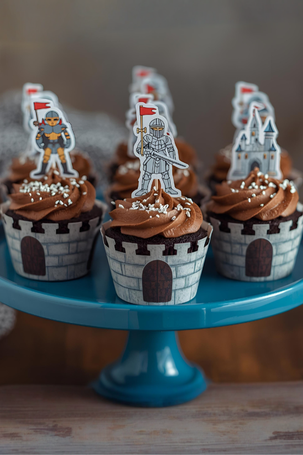 Castle-themed cupcakes displayed on a blue cake stand with chocolate frosting, silver sprinkles, and paper knight and castle toppers in a warm, whimsical medieval setting.