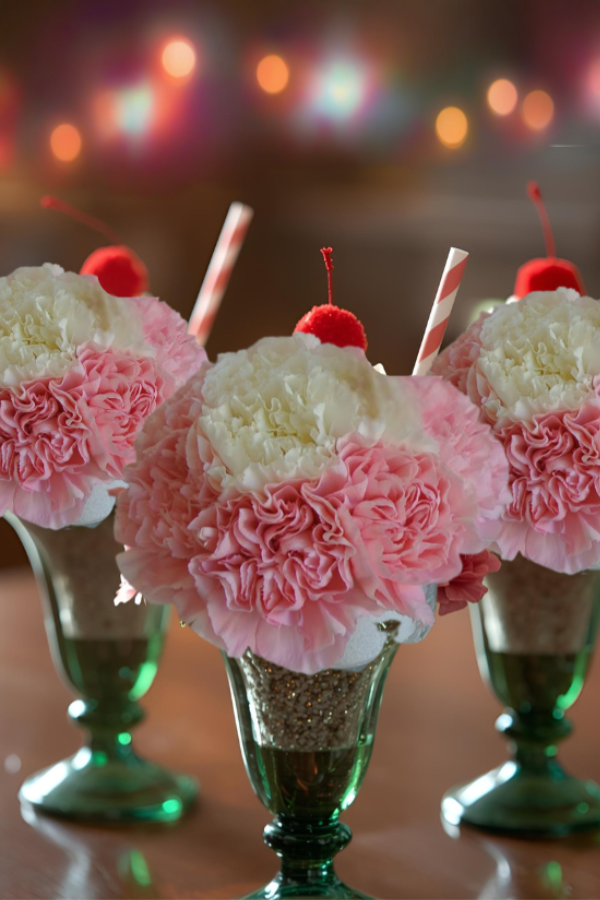 Retro milkshake party centerpieces with pink and white flowers, striped straws, and cherries in green soda fountain glasses