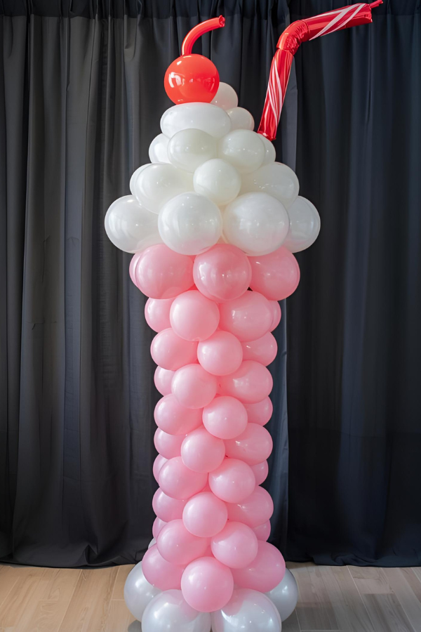 A tall milkshake-themed balloon column made with pink and white balloons, topped with a red balloon cherry and oversized striped balloon straw, standing in front of a dark curtain backdrop.