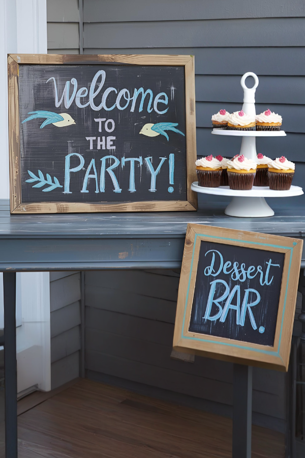 DIY painted chalkboard party signs with “Welcome to the Party” and “Dessert Bar” displayed beside cupcakes on a table