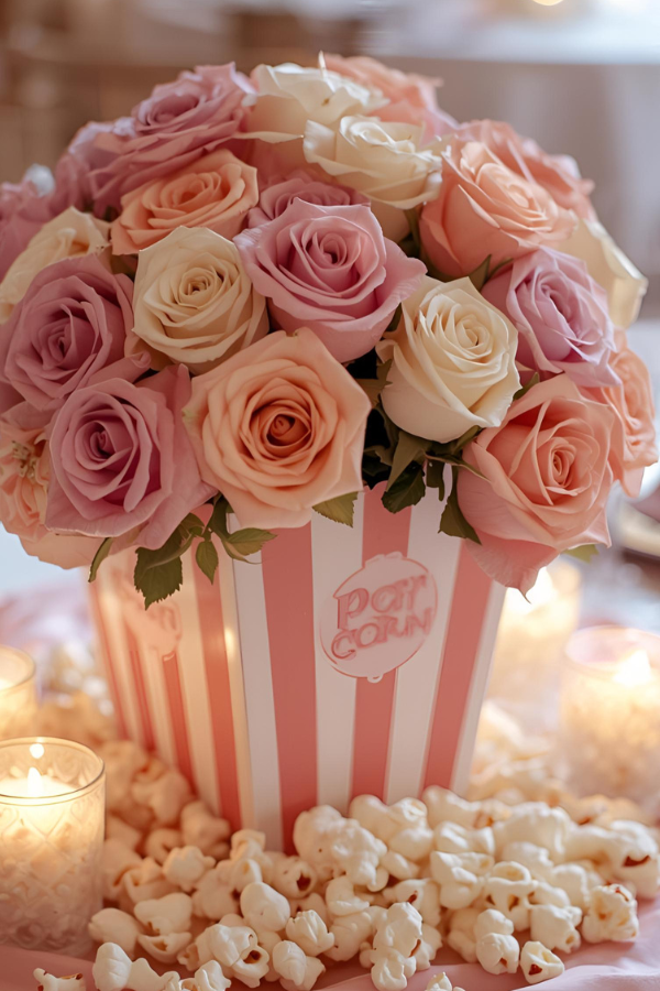 Dream Circus pastel popcorn bucket centerpiece filled with blush, peach, lavender, and cream roses surrounded by candles and popcorn.