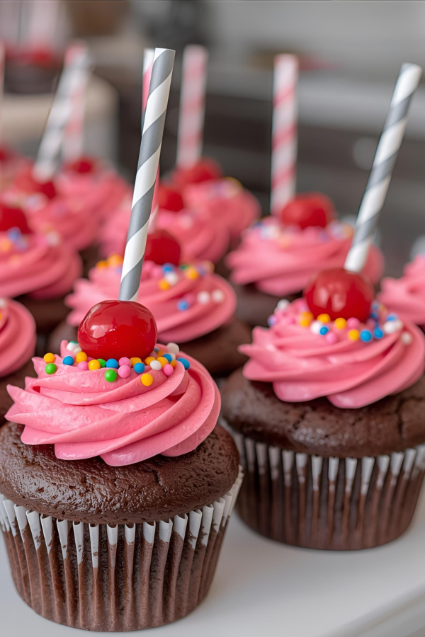 Retro soda shop cupcakes with pink frosting, sprinkles, cherries, and striped paper straws on a dessert table