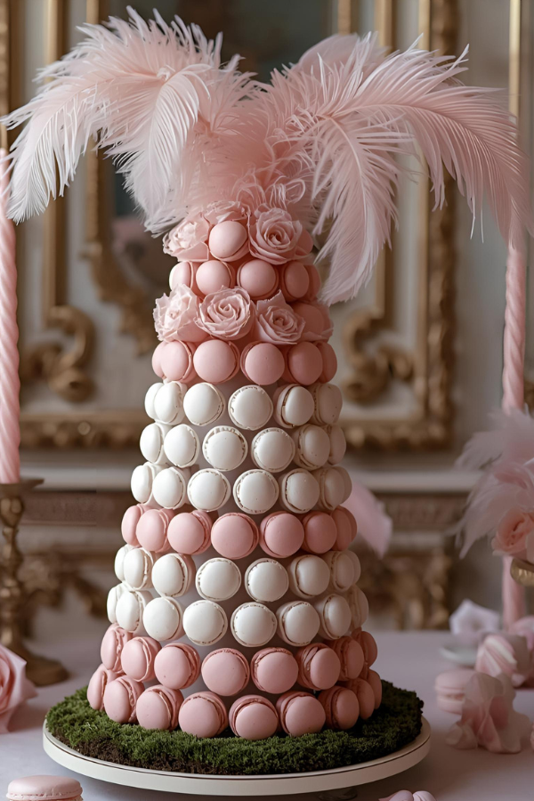 Pink and white Rococo macaron tower with roses and feathers, styled on a vintage dessert table.