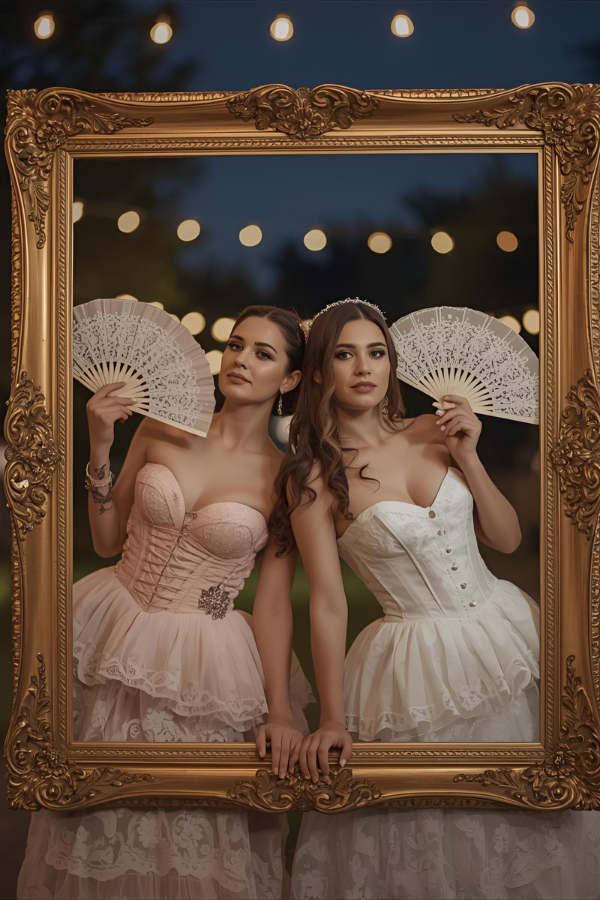 Two guests posing inside an ornate gold frame at a Rococo-themed photo booth, wearing pastel corset dresses and holding lace fans, with soft bokeh string lights in the background.