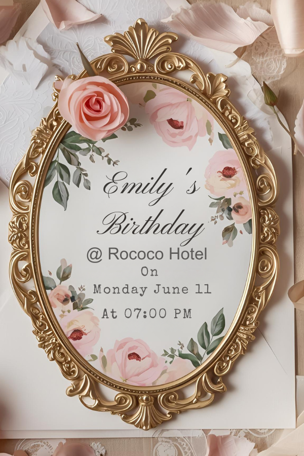 Ornate gold-framed Rococo birthday party invitation with blush pink roses, floral illustrations, and elegant script text on an ivory background, styled flat lay with petals.