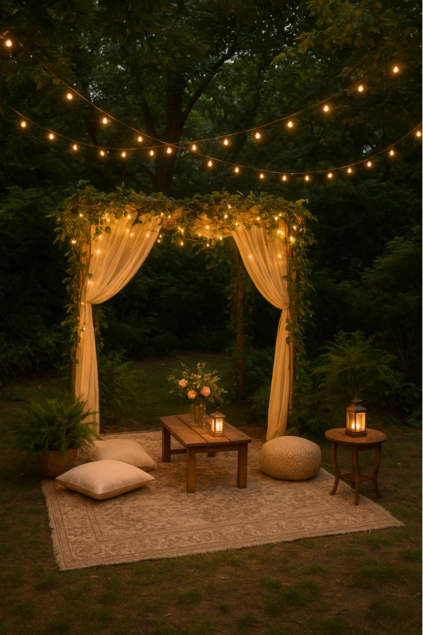 Elegant outdoor garden reception table decorated with soft pastel floral centerpieces, vintage-style place settings, and twinkling fairy lights for an enchanted garden party theme.