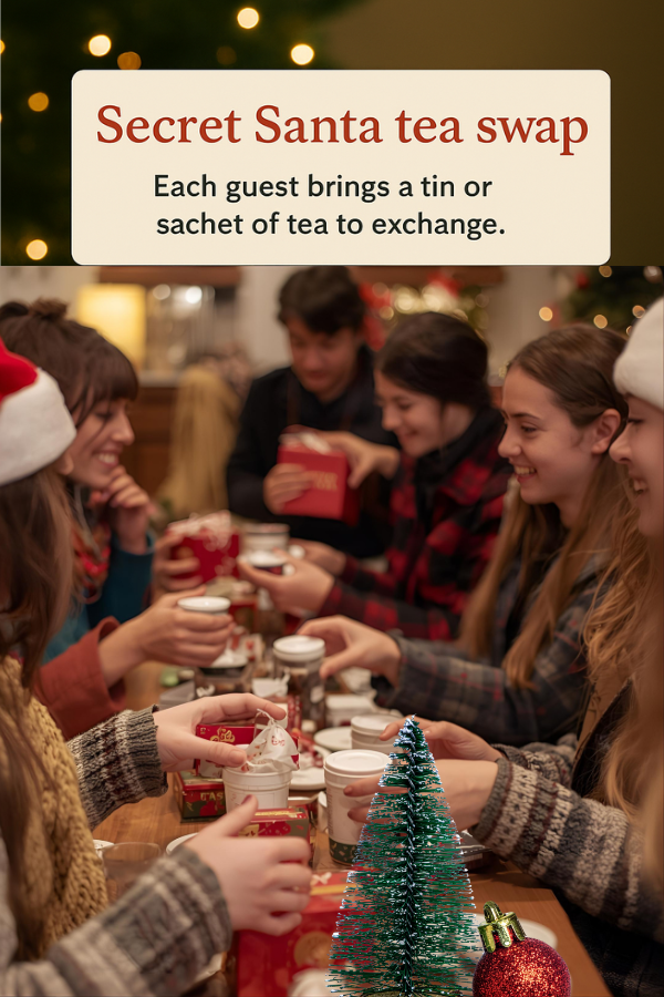 Group of smiling people sitting around a festive table at a Christmas tea party, exchanging wrapped tea tins for a Secret Santa tea swap, with warm holiday lights and decorations in the background.