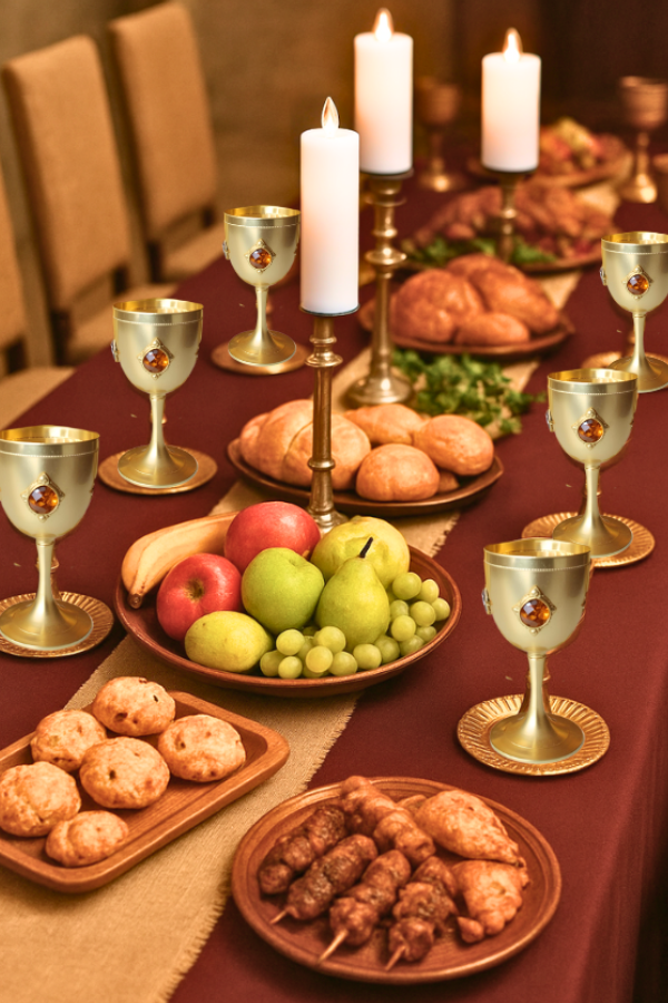 Medieval-style banquet table with burgundy tablecloth, burlap runner, gold goblets with jewels, gold plates, silver candle holders, and platters of fruit, bread, pastries, and roasted meats.