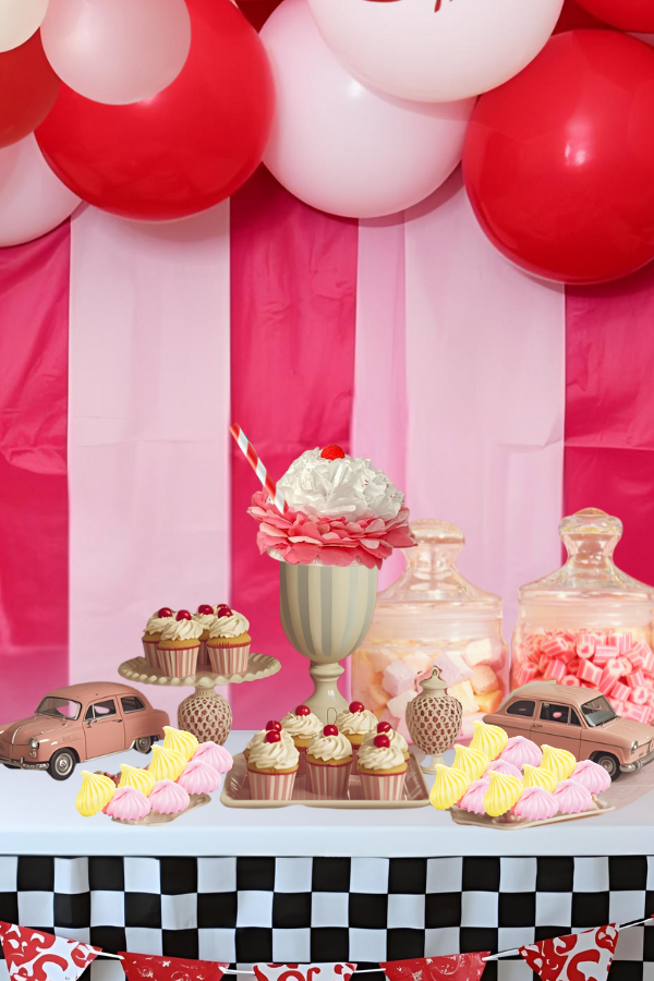 A 1950s-inspired soda shop dessert table featuring pink and white striped décor, cherry-topped cupcakes, pastel meringues, retro toy cars, candy jars, and a large milkshake-themed centerpiece against a backdrop of red and pink balloons.