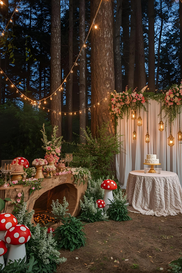 Whimsical woodland dessert display with oversized mushrooms, floral arrangements, string lights, and hanging lanterns set against tall trees for an enchanted garden party.