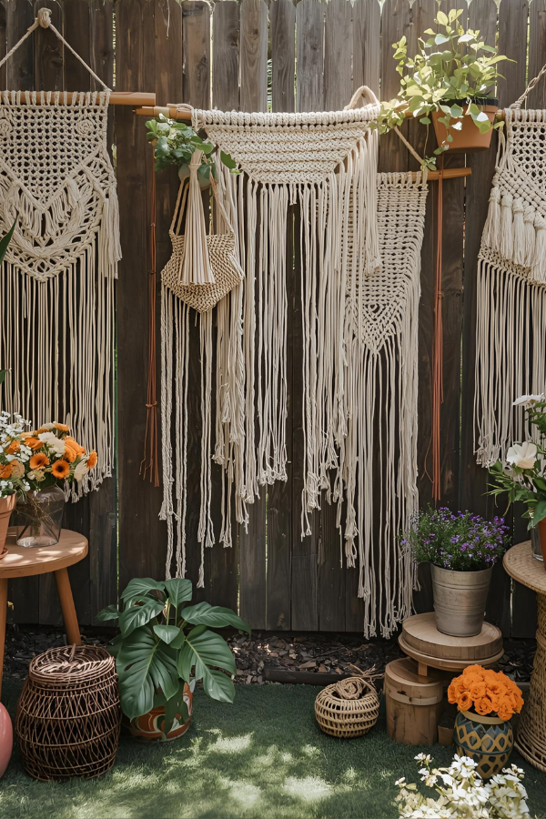 Music festival inspired party boho decor with macramé, tassels, wooden accents, and wildflowers