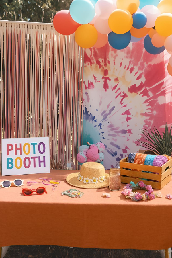 Music festival inspired party photo booth with boho backdrop, fringe curtain, tie-dye fabric, and balloons