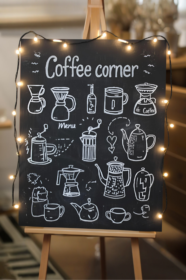 A decorative chalkboard café sign illustrated with hand-drawn coffee makers, mugs, and a Coffee corner; title, framed with warm string lights for a cozy coffee shop vibe.