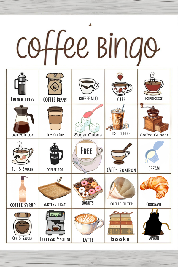 A coffee-themed bingo card featuring illustrated items such as mugs, beans, espresso machines, pastries, and café accessories, arranged in a warm and playful design.