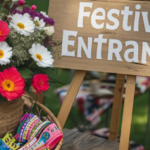 Music festival inspired party entrance with a festival sign, colorful wristbands and boho decor