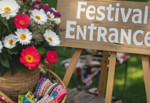Music festival inspired party entrance with a festival sign, colorful wristbands and boho decor