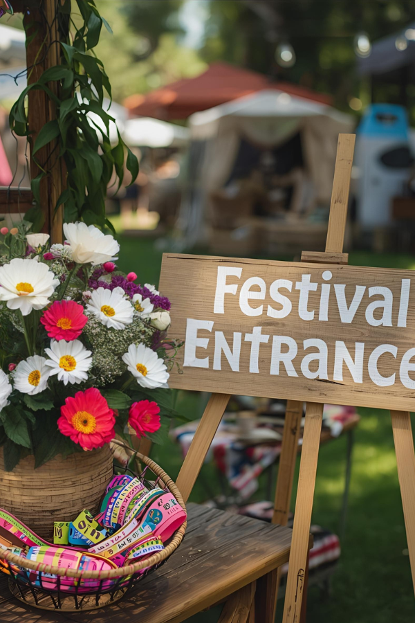 Music festival inspired party entrance with a festival sign, colorful wristbands and boho decor