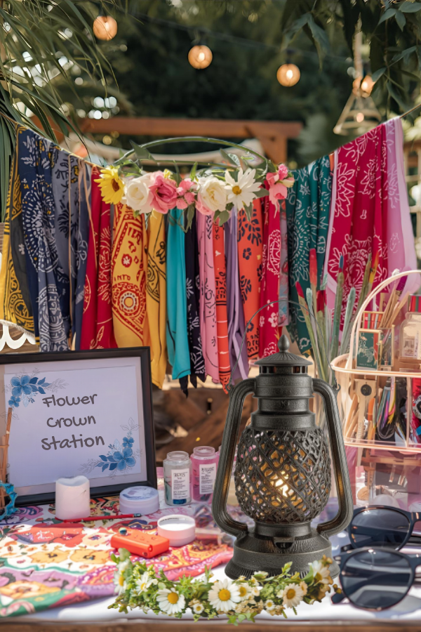 Music festival inspired party flower crown and festival accessories bar with colorful decorations