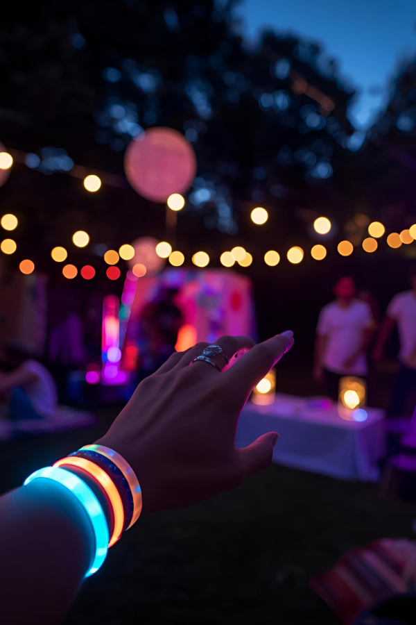 Music festival inspired party nighttime scene with glow sticks, LED bracelets, and light-up balloons