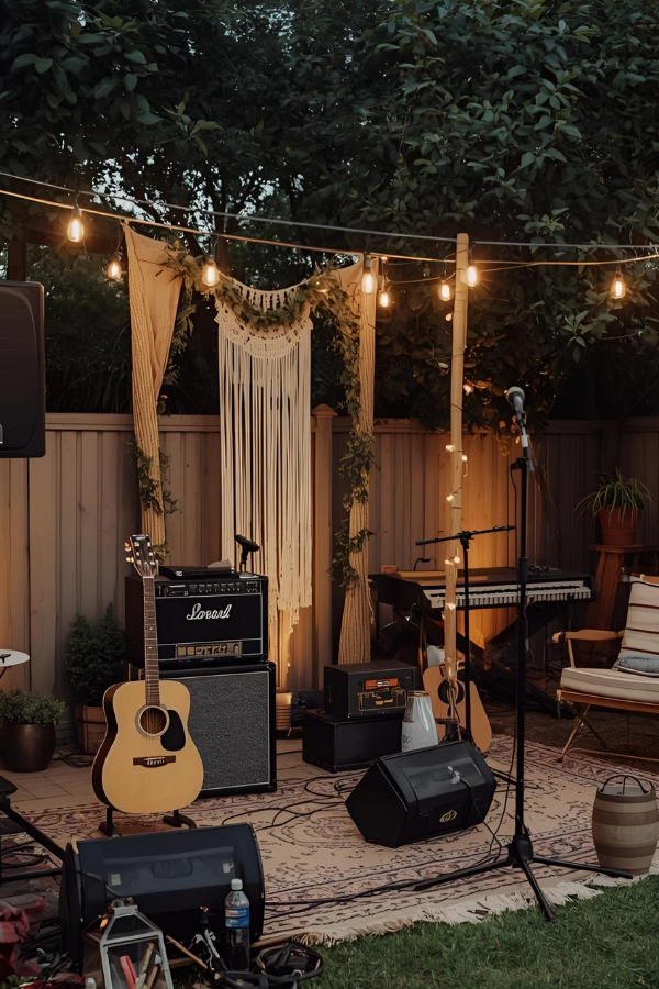 Music festival inspired party live music setup with acoustic guitar, stage, and festival decorations